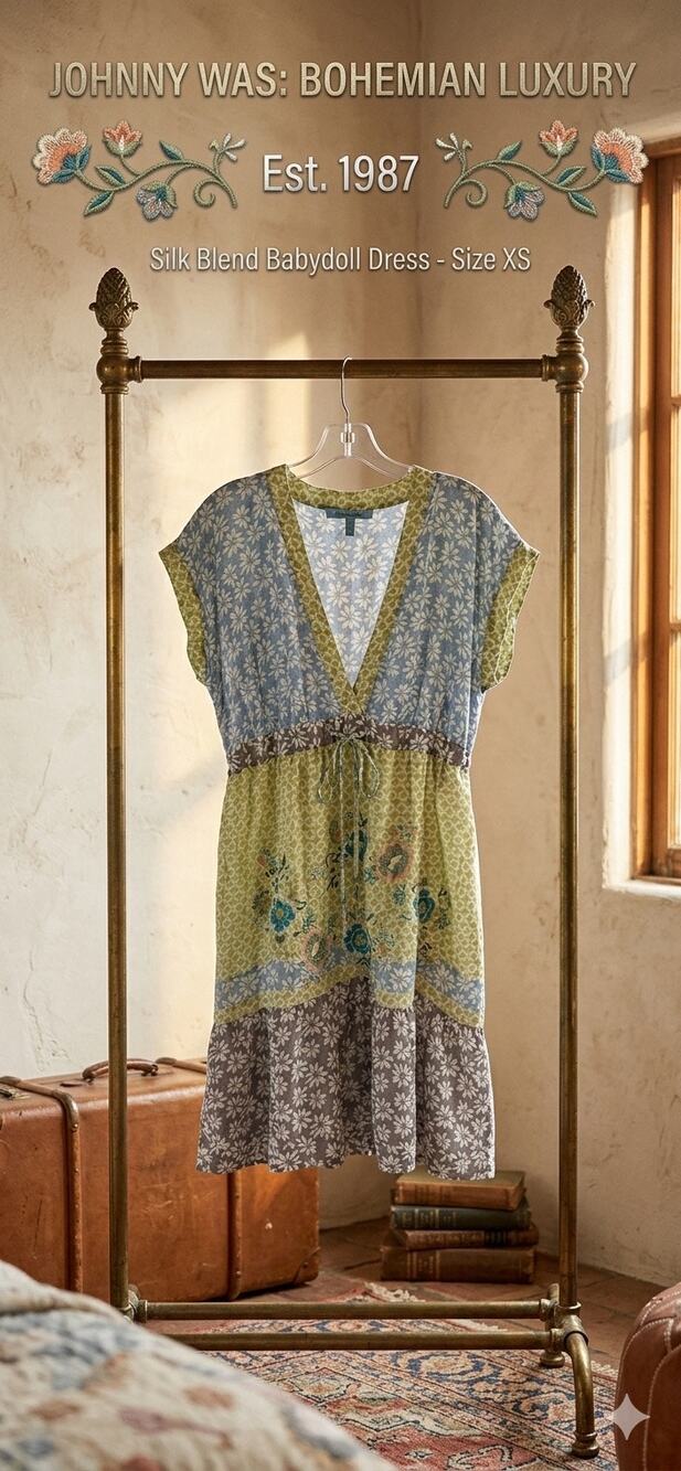 Johnny Was Floral Silk Embroidered Babydoll Mini Dress - XS